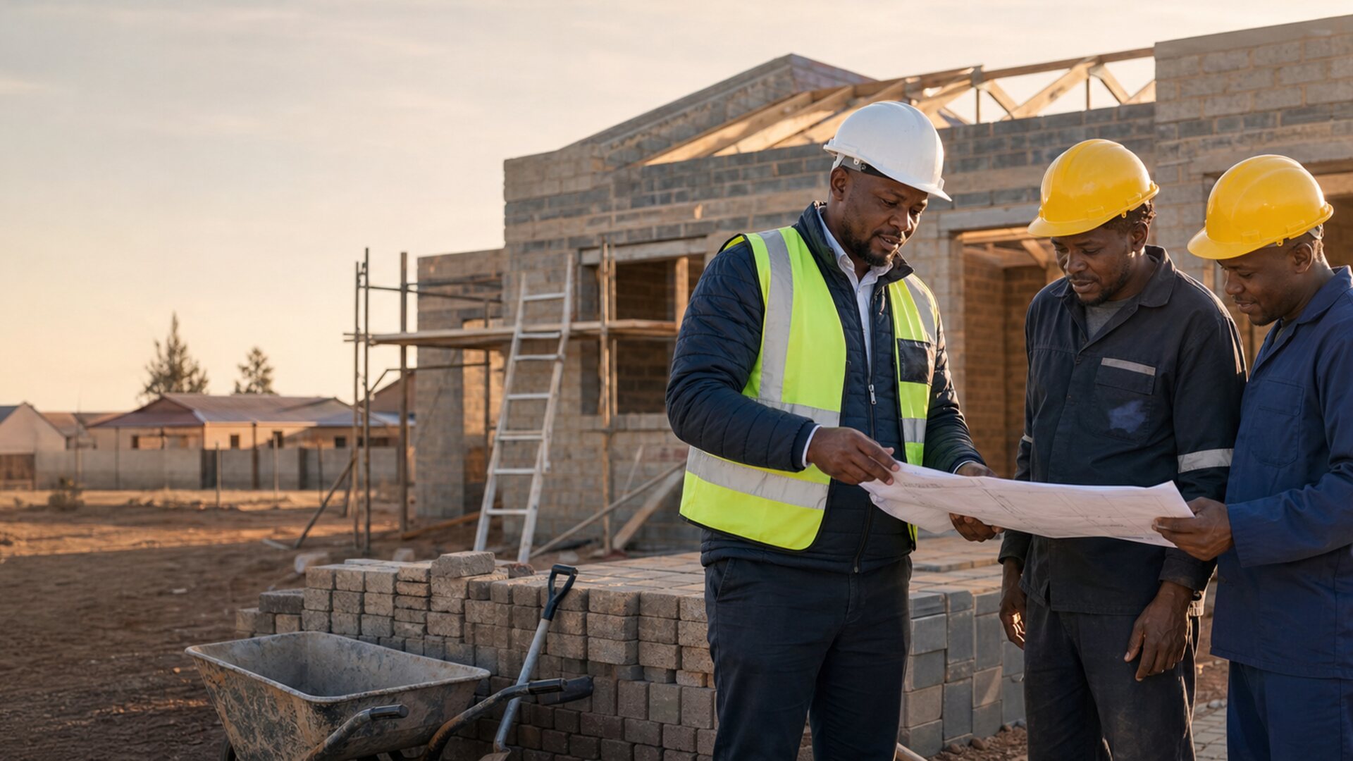 BS Enterprise team reviewing construction plans on site