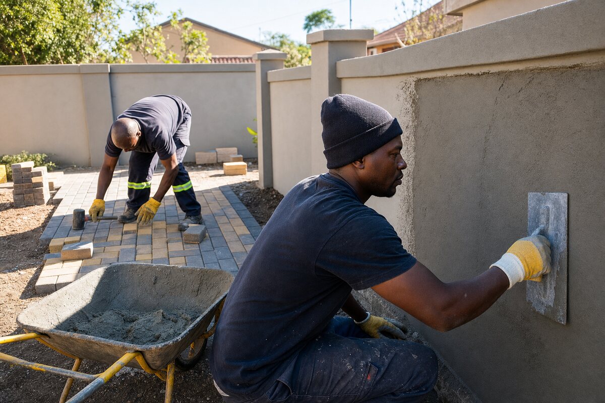 BS Enterprise team laying paving and plastering a wall