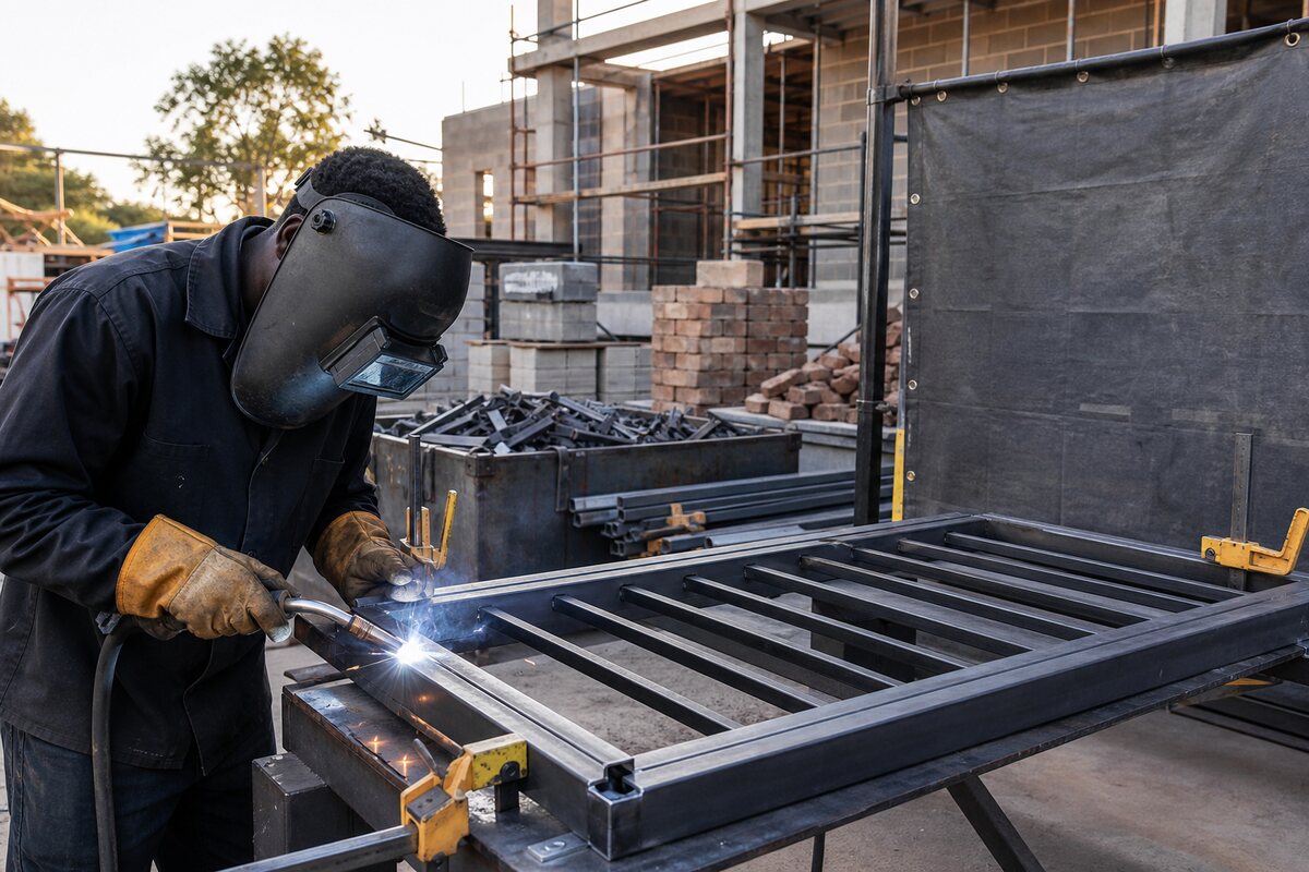 BS Enterprise welding a steel frame on a construction site